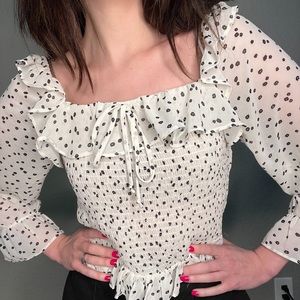White Ruffle Blouse with Black Floral Print